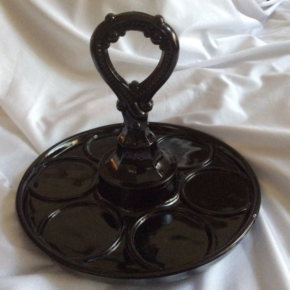 Vtg 1950s Black Glass Cosmetic or Jelly Spice Jars Center Handle Tray Cuddy - Picture 5 of 5